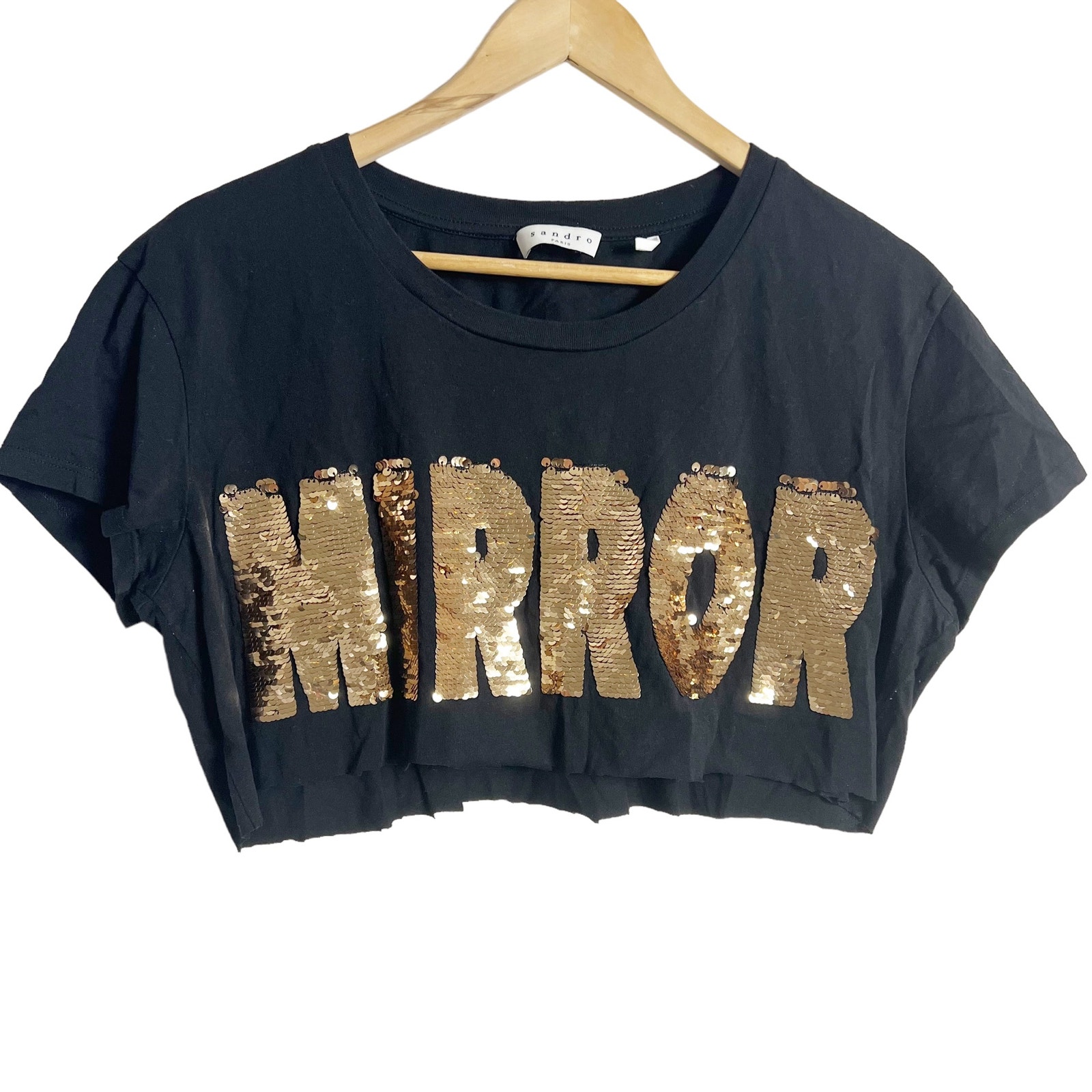 Sandro Paris Tinka Black Gold Sequined Mirror Cropped Top Size M